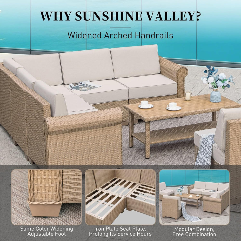 SUNSHINE VALLEY, 6 Piece, 5-Seats, Wicker, Patio Conversation Set, Beige