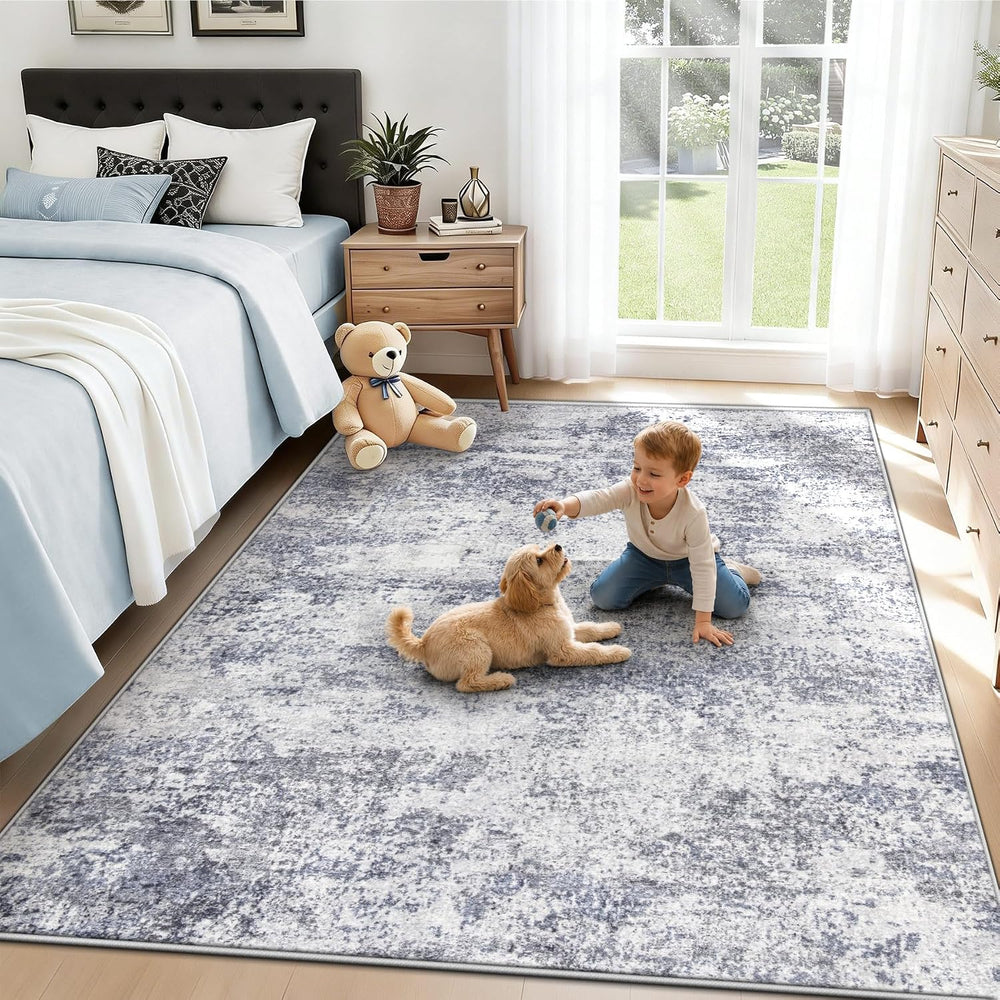 6x9 Area Rugs for Living Room: Washable Abstract Rug Blue Grey