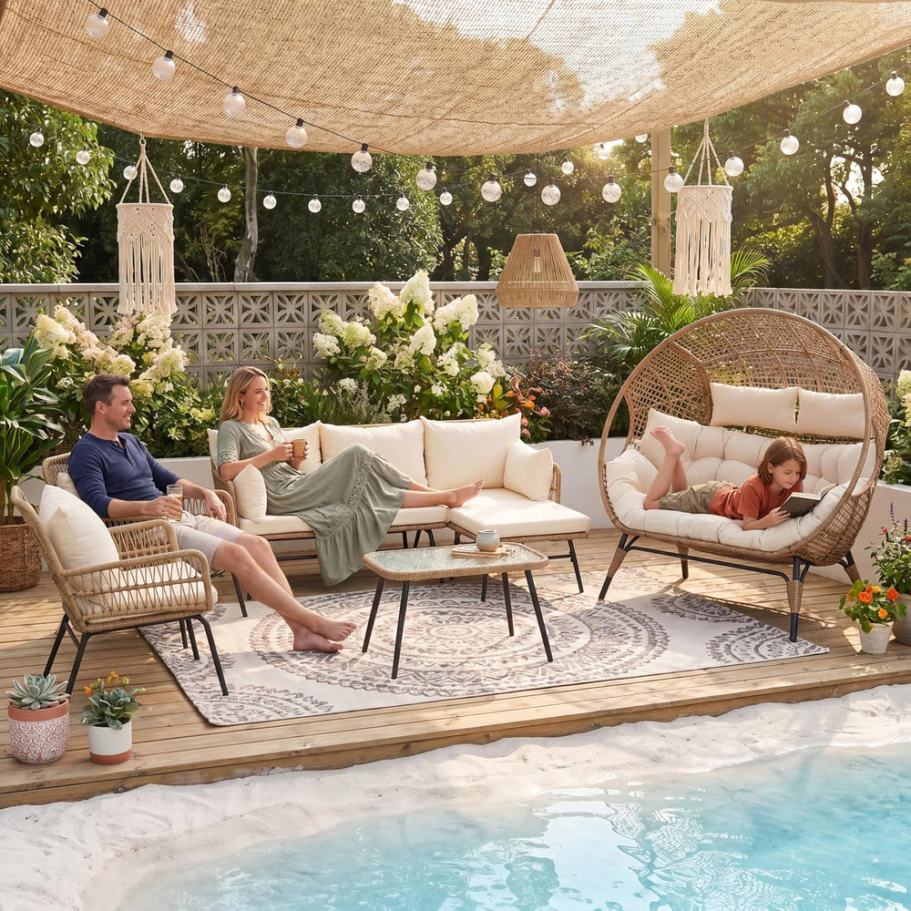 NICESOUL 6 Piece Boho Patio Furniture Set, 500lbs Heavy Duty Wicker Outdoor S...
