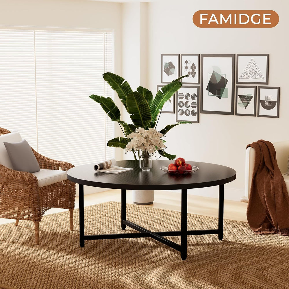 FAMIDGE Coffee Table, 31.5" Round Black Coffee Table for Living Room, Ce...
