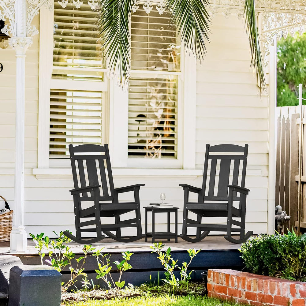 LUE BONA Outdoor Rocking Chairs Set, 3-Piece, HDPS Poly Porch Rockers with Ta...