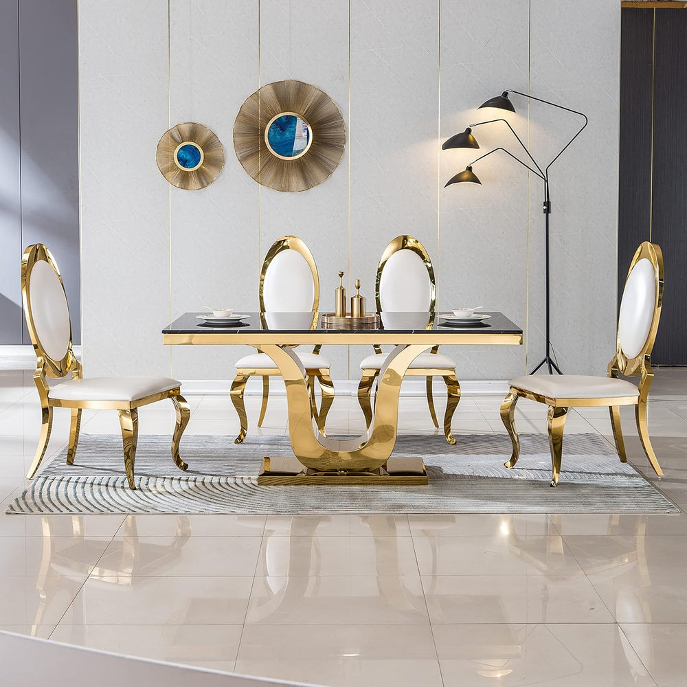 SSLine Modern Luxury White Faux Leather Dining Chairs Set of 4 Gold Legs