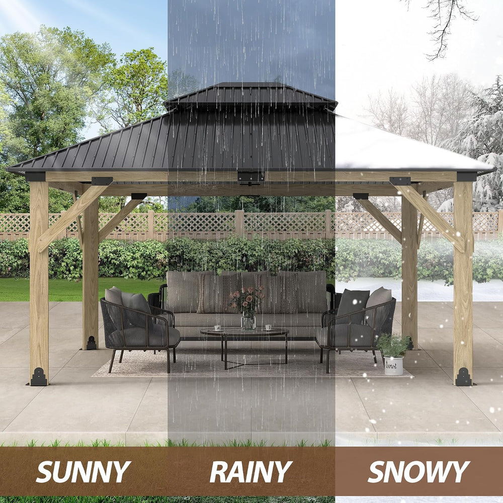 13x15 FT Wood Gazebo,Outdoor Wooden Hardtop Gazebo with Galvanized Steel Doul...