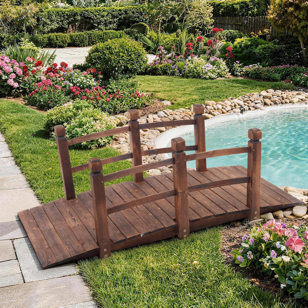 Outvita 5FT Stained Wooden Garden Footbridge with Safety Railings