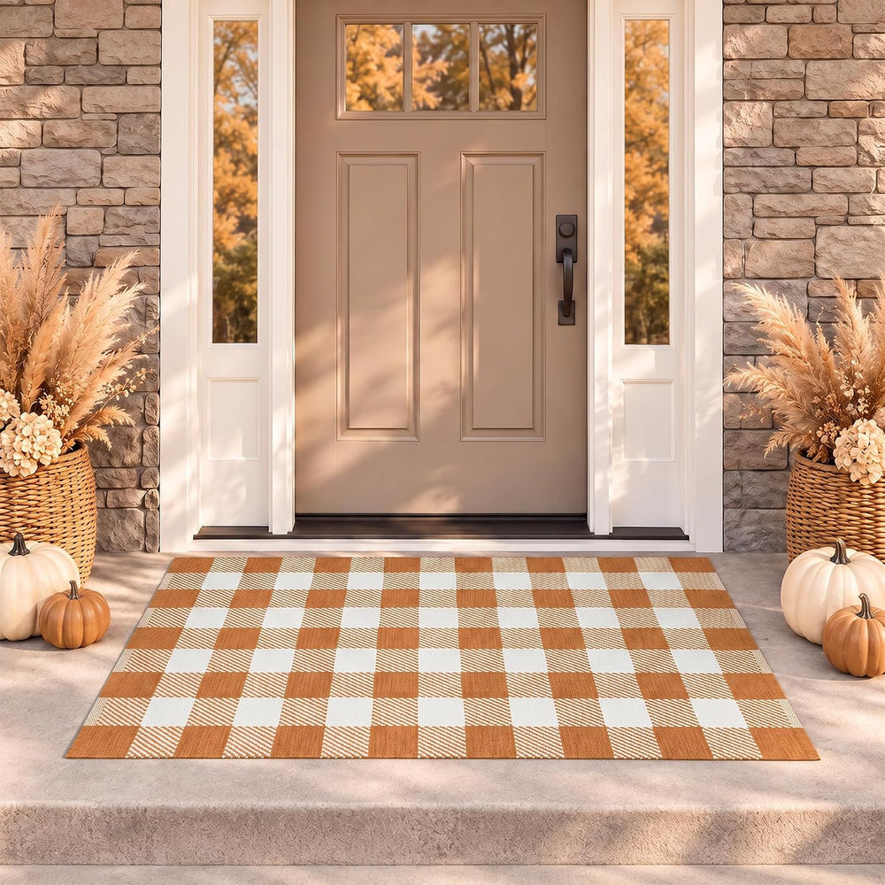 Fall Door Mat Caramel and White Buffalo Plaid Rug 3’x 5’, Washable Layering R...