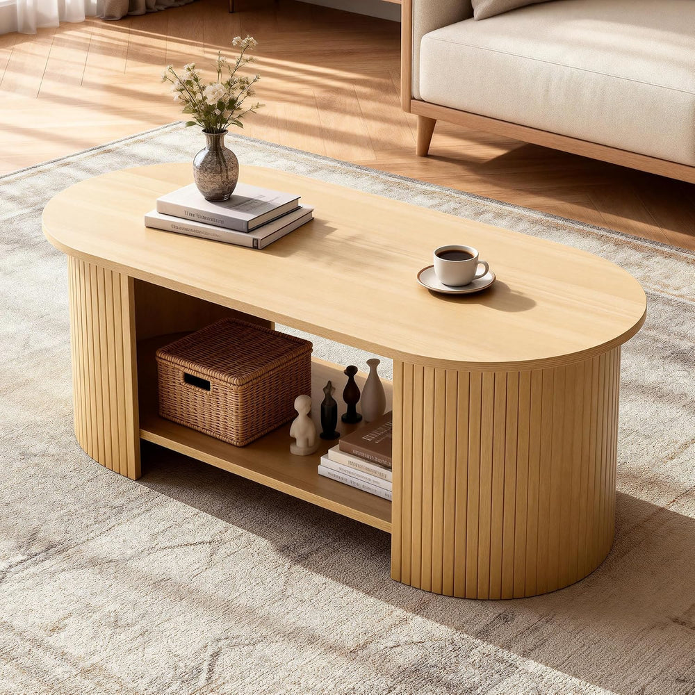 MXV Oval Fluted Coffee Table, 2-Tier Mid Century Modern Center Table, Tea Tab...