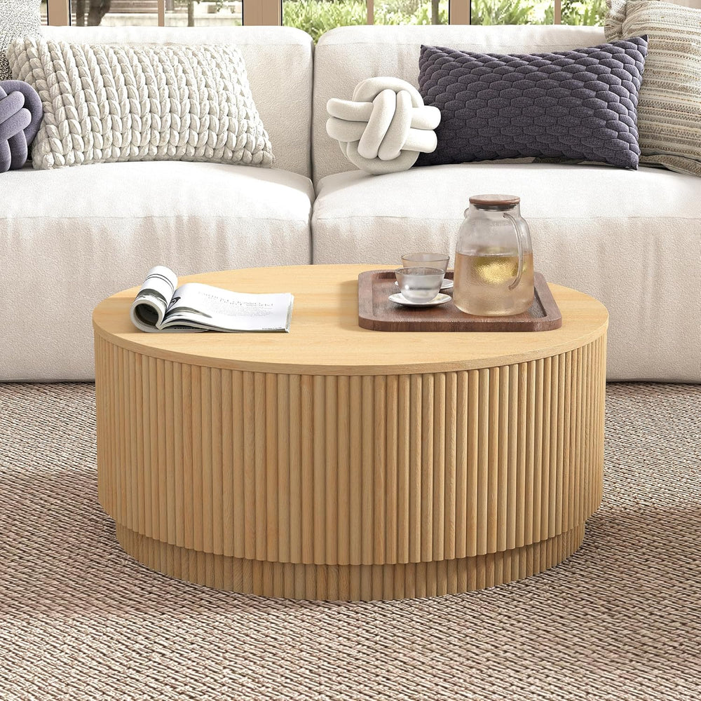 LEVNARY 31.5" Round Coffee Table with Storage, Boho Coffee Tables with F...