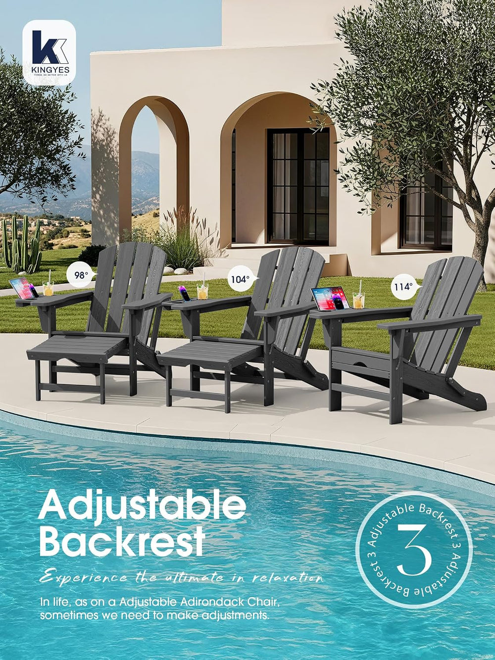 KINGYES Folding Adjustable Adirondack Chair with Ottoman & 2 Cup Holders ...