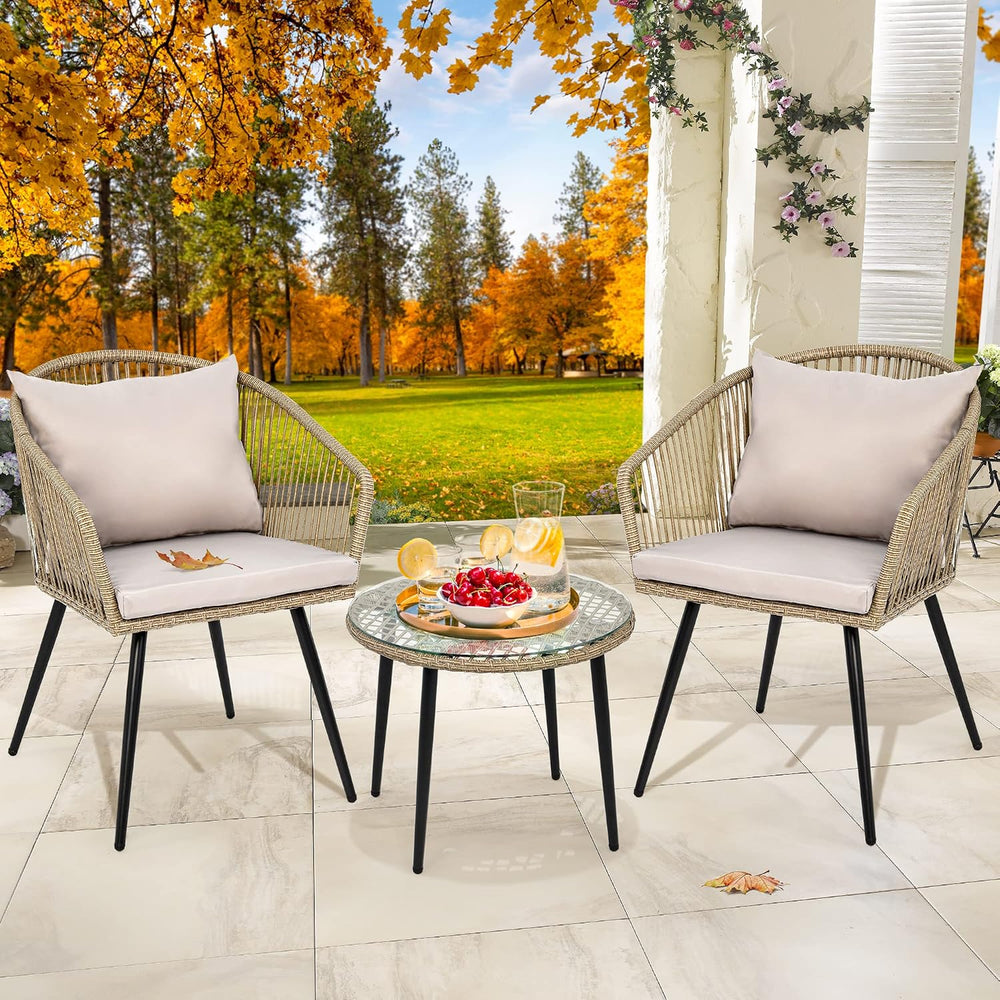 YITAHOME 3-Piece Wicker Small Patio Balcony Chair Set, Outdoor Rattan Convers...