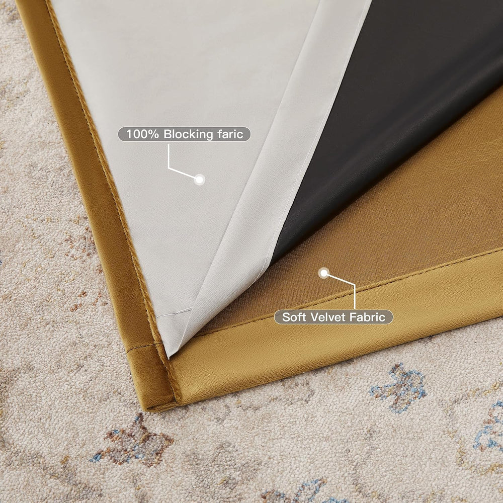 BULBUL Black Gold 100% Full Blackout Velvet Curtains,63 inches Long Modern Li...
