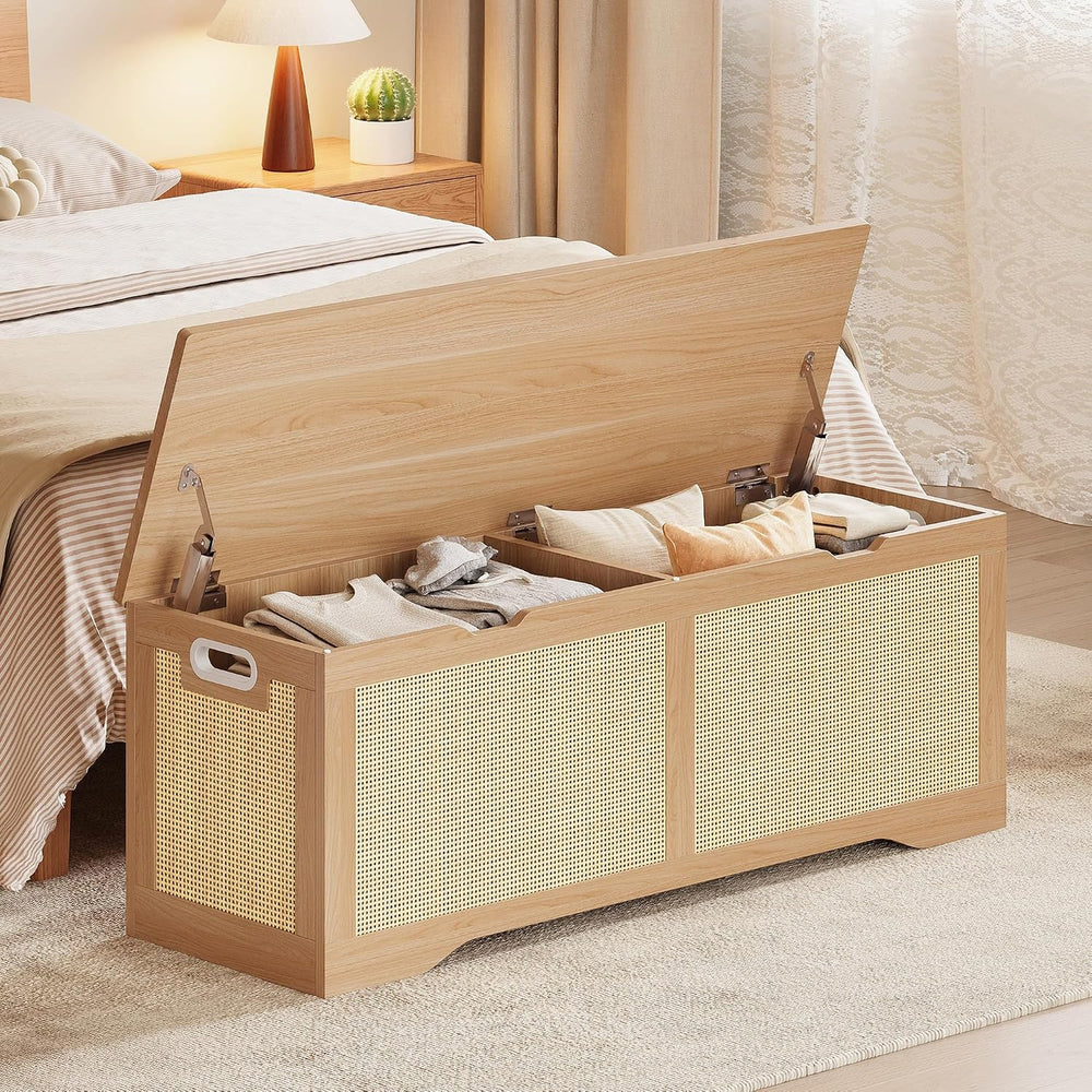 LIKIMIO 47.2" Rattan Storage Ottoman Bench Chest, Rustic Wood