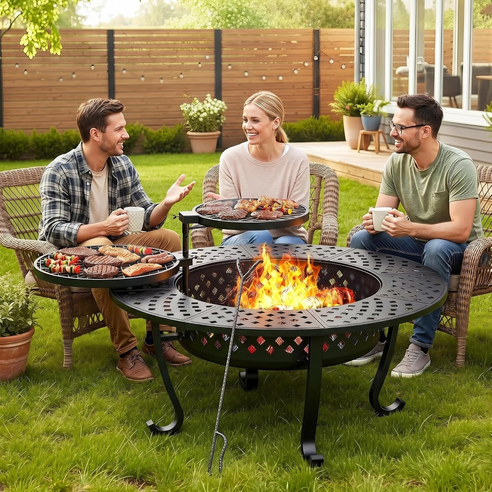 43" Large Fire Pit for Outside with 2 Adjustable Grills,Lid & Fire P...