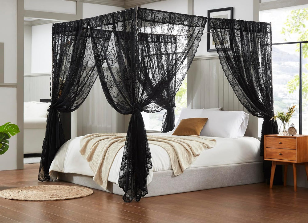 Warm Home Designs Black Lace Canopy Bed Curtains with Tie-Backs. LC Black