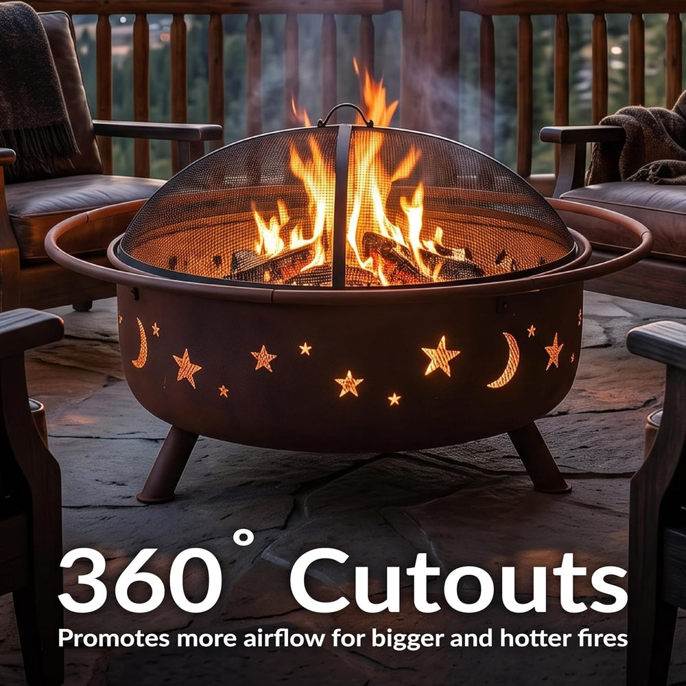 Sunnydaze Cosmic 42" Large Fire Pit for Outside Wood Burning, Round, Metal