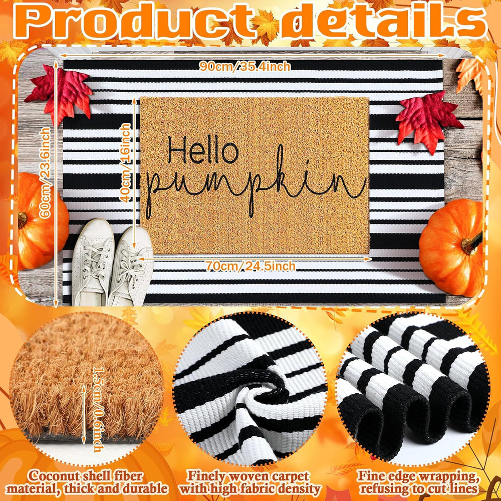 Duraaamo 2 Pcs Fall Front Door Mats, Hello Pumpkin Coir Doormat, Non Slip