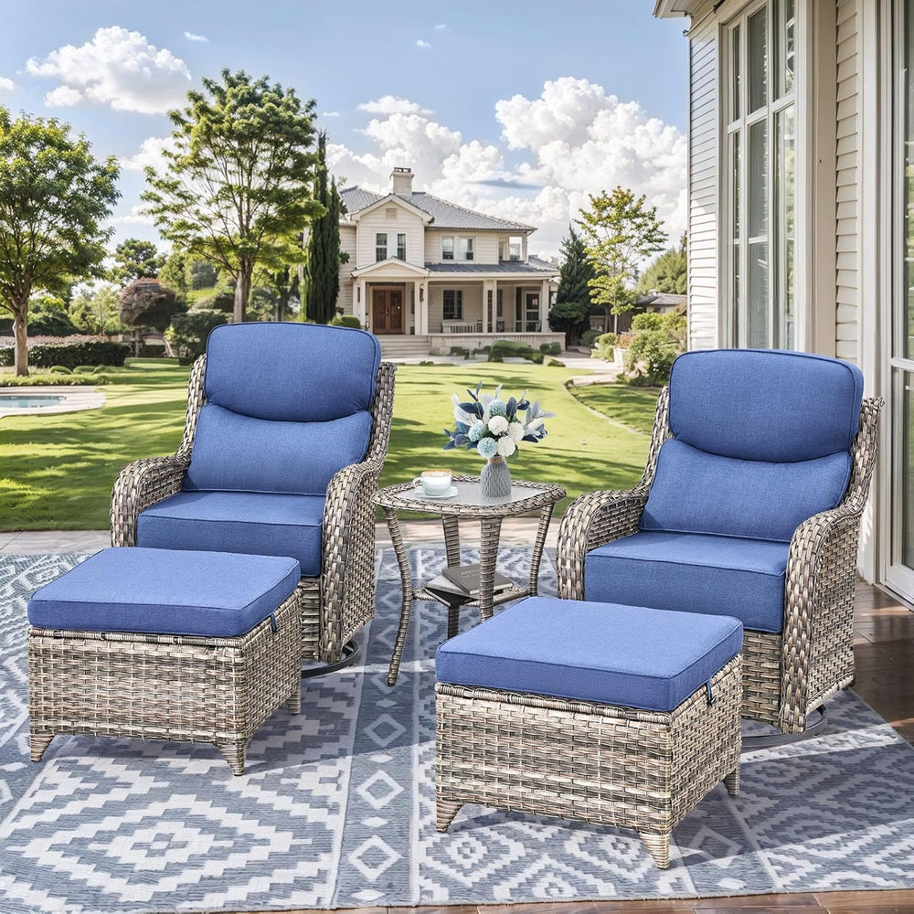 HUMMUH 3 Piece Wicker Swivel Rockers & Side Table, Grey/Blue