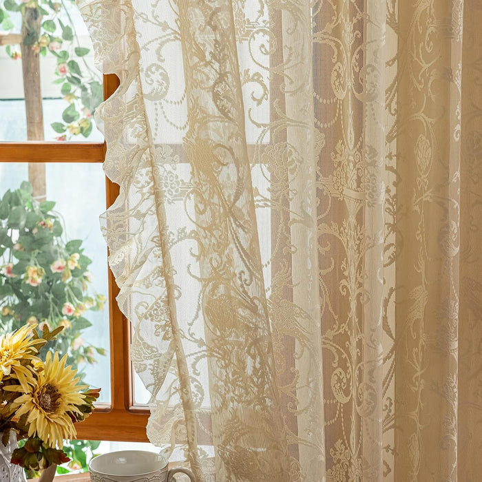 TUDECO Beige Lace Ruffle Curtains 80 Inch Length, Rustic Floral 2 Panels