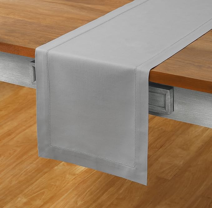 Solino Home Light Grey Table Runner 60 Inches - Cotton Linen Hemstitch Coffee...
