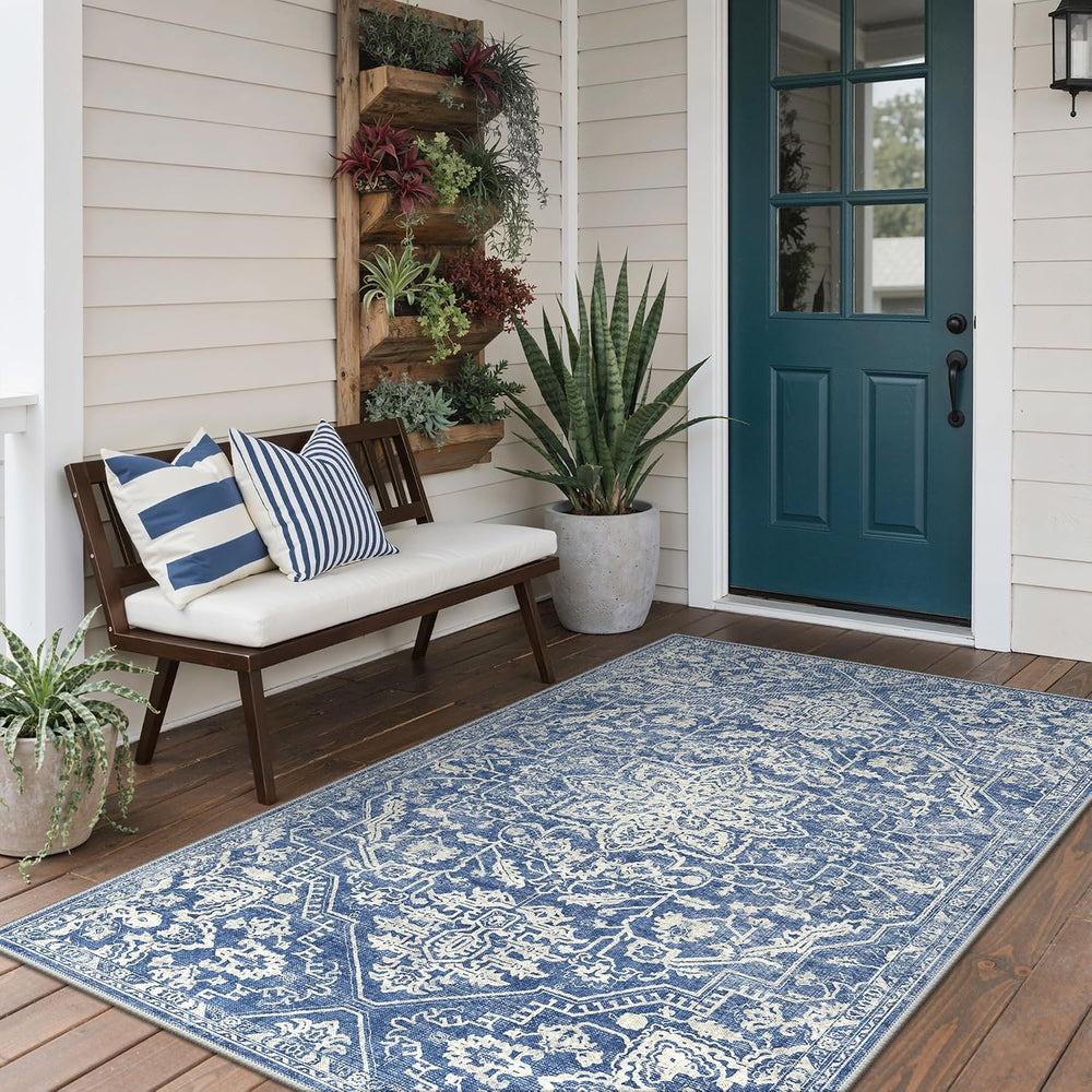 GENIMO 4x6 Outdoor Rug, Washable for Porch and Patio, Navy Blue & Ivory