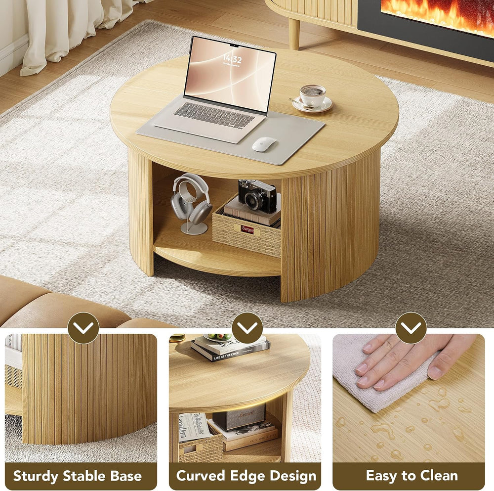 Round Coffee Table with Storage, 31.5" Modern Fluted Center Table, 2-Tie...