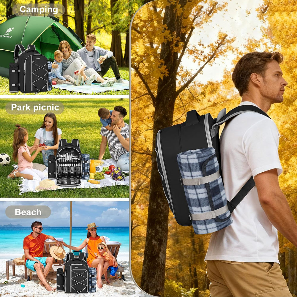 Picnic Backpack for 4 Persons with Insulated Leakproof Cooler Compartment, Cu...