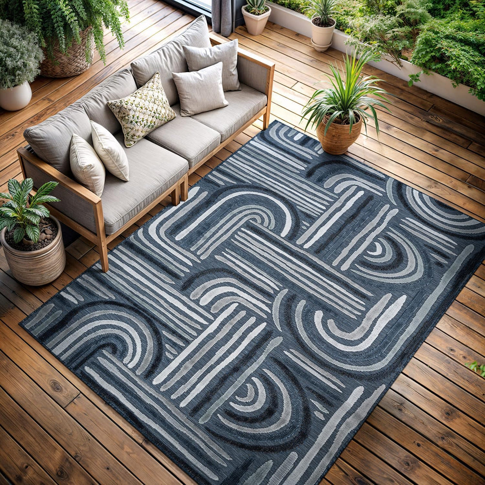 CAMILSON Indoor Outdoor Rug, Navy Blue 8x10 Geometric Arch Striped Area Rugs ...