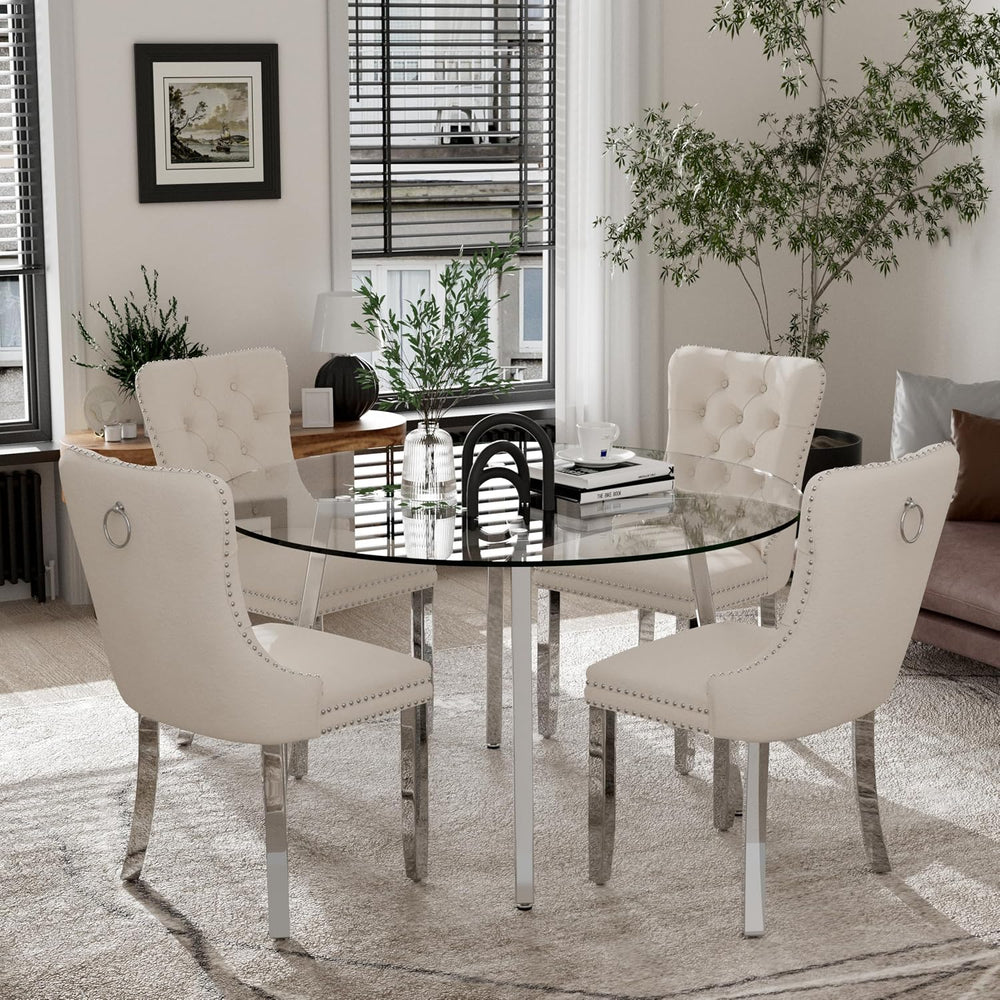 5 Piece Clear Round Glass Top Dining Set, 42'' Mid Century Modern Cir...