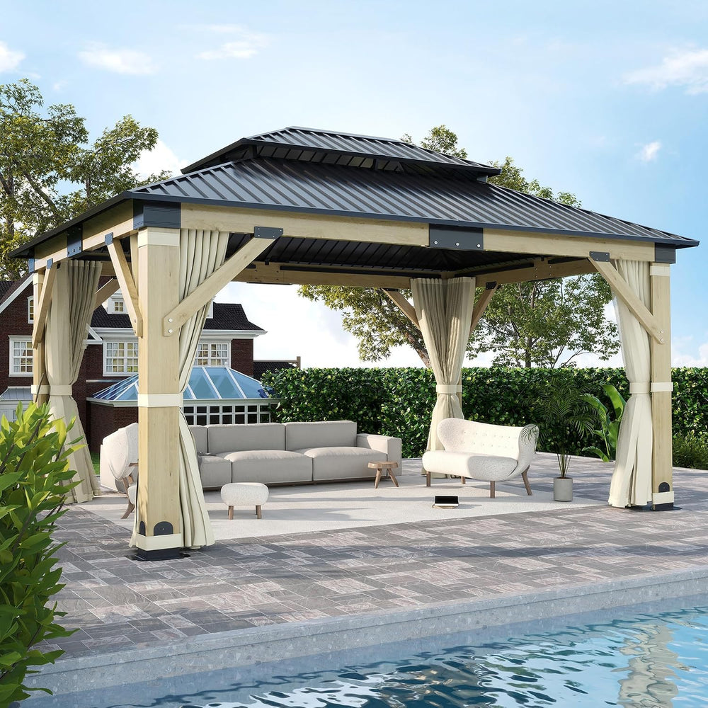 13'x15' Wood Gazebo, Outdoor Solid Wooden Gazebo with Double Roof Gal...