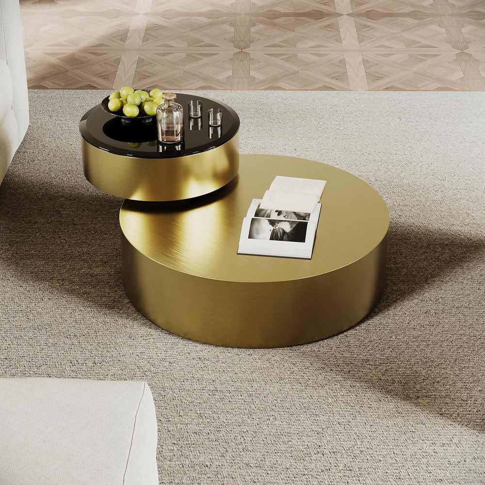 Brass Round Rotatable Top Coffee Table, 2 Tier Circle Coffee Table with 360° ...