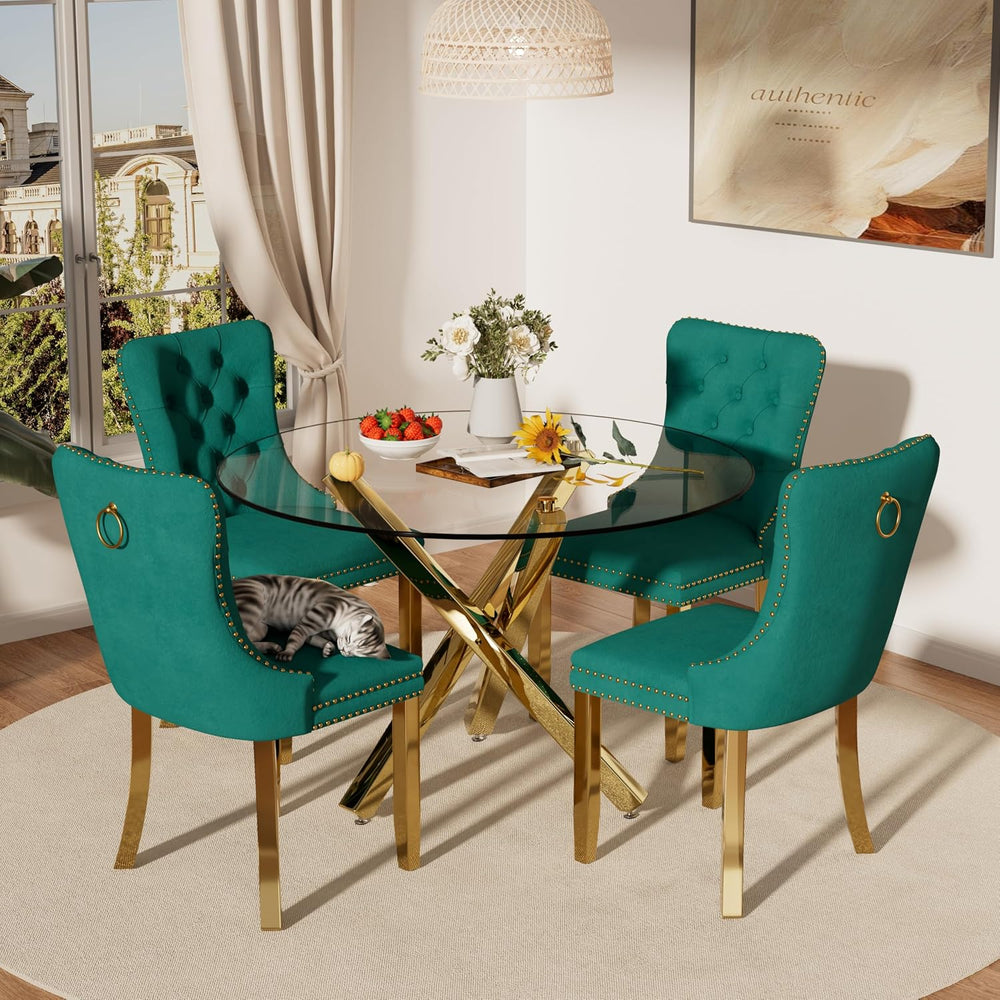Mid Century Modern Glass Round Dining Table Set for 4, 5 Pieces Gold Luxury C...