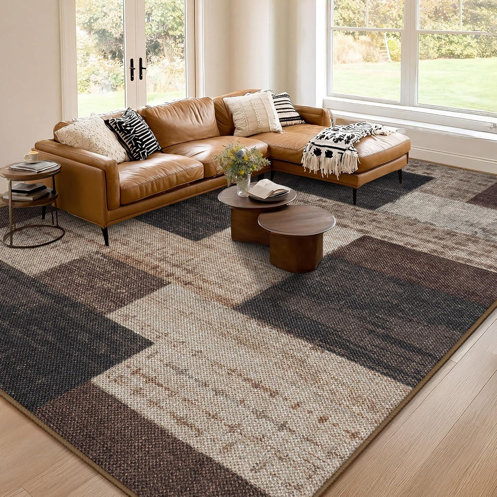 Modern Outdoor Patio Rug, Geometric Patchwork Rug for Living Room, Brown
