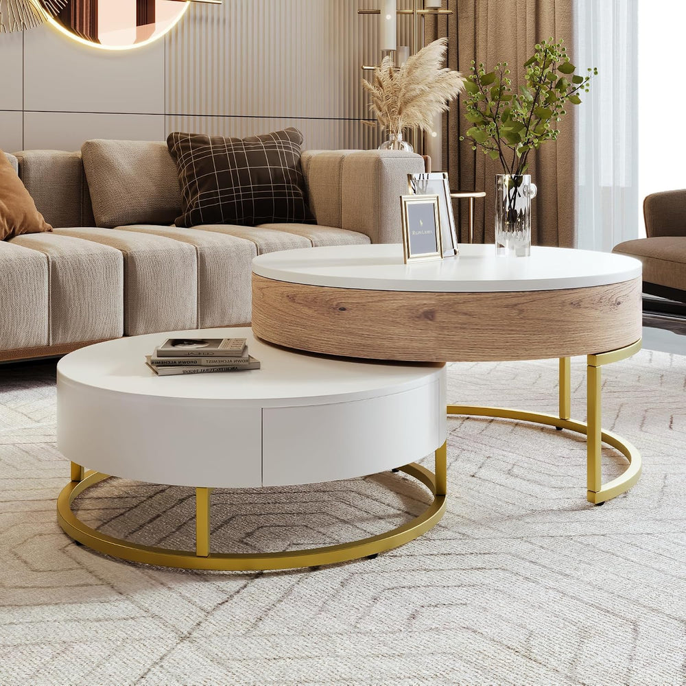 Modern Round Lift-top Nesting Coffee Tables with 2 Drawers for Living Room Wh...