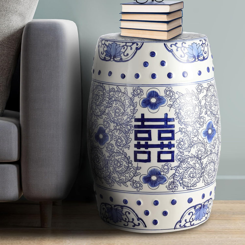 JONATHAN Y Double Happiness Ceramic Garden Stool 18" Table, Blue/White