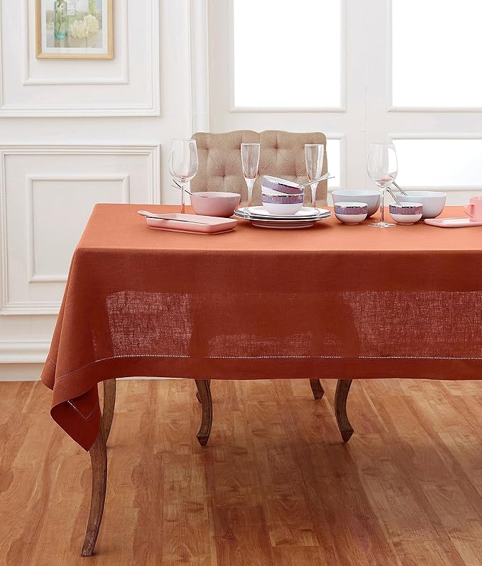 Solino Home Linen Cinnamon Tablecloth 60 x 144 Inch - Classic Hemstitch, 100%...