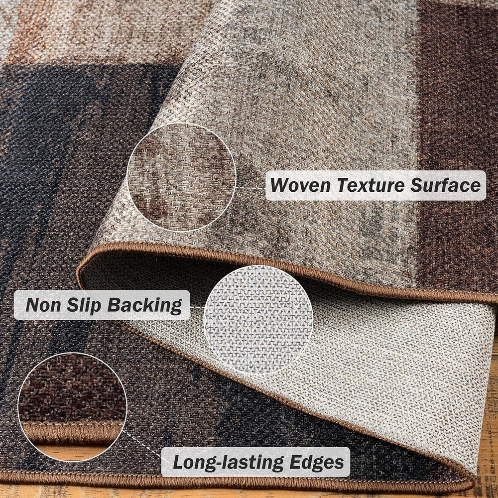 Modern Outdoor Patio Rug, Geometric Patchwork Rug for Living Room, Brown