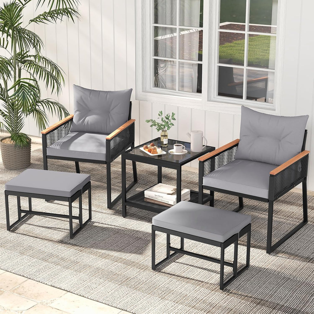 HAPPYGRILL 5 Piece Patio Conversation Set PE Rattan Wicker Chairs with 2 Otto...