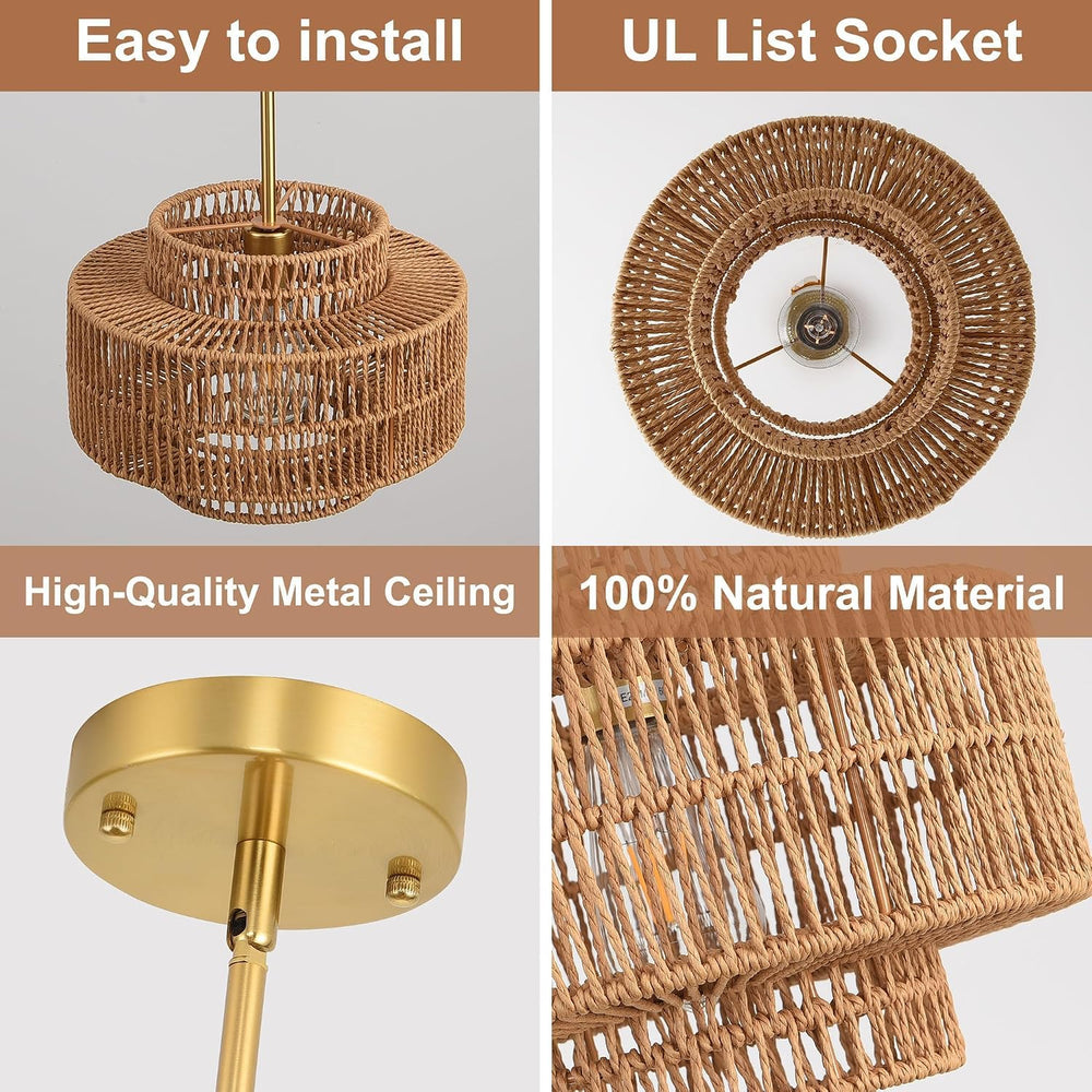 12.4" Rattan Pendant Light,1-Light Boho Chandelier Light Fixture Farmhou...