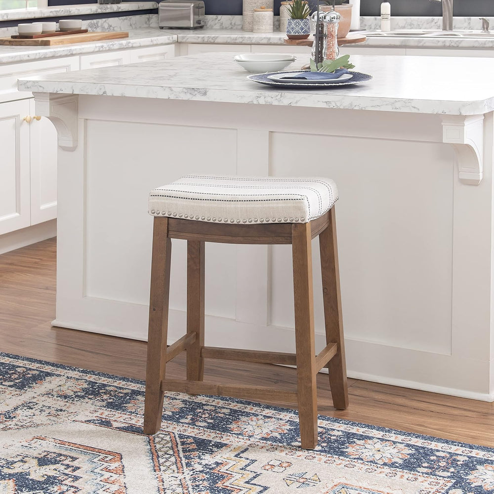 Linon Kingston Natural Wood with Upholstered Linen seat 24 Inch Seat Height B...