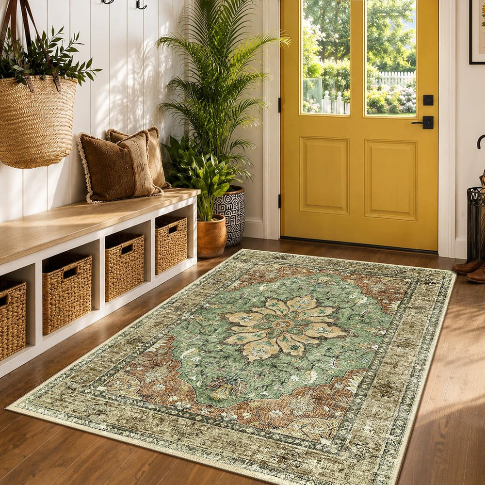RELEANY Washable Area Rug, 4'x6', Brick/Brown/Green