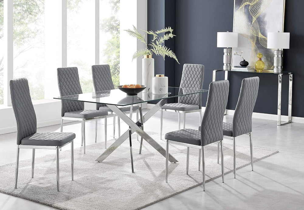 Furniturebox UK Leonardo Glass and Chrome Metal Dining Table and 6 Elephant G...