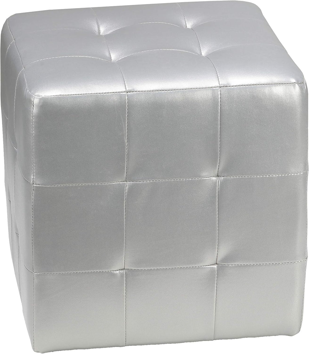 Cortesi Home Apollo Cube Ottoman in Metallic Silver Faux Leather