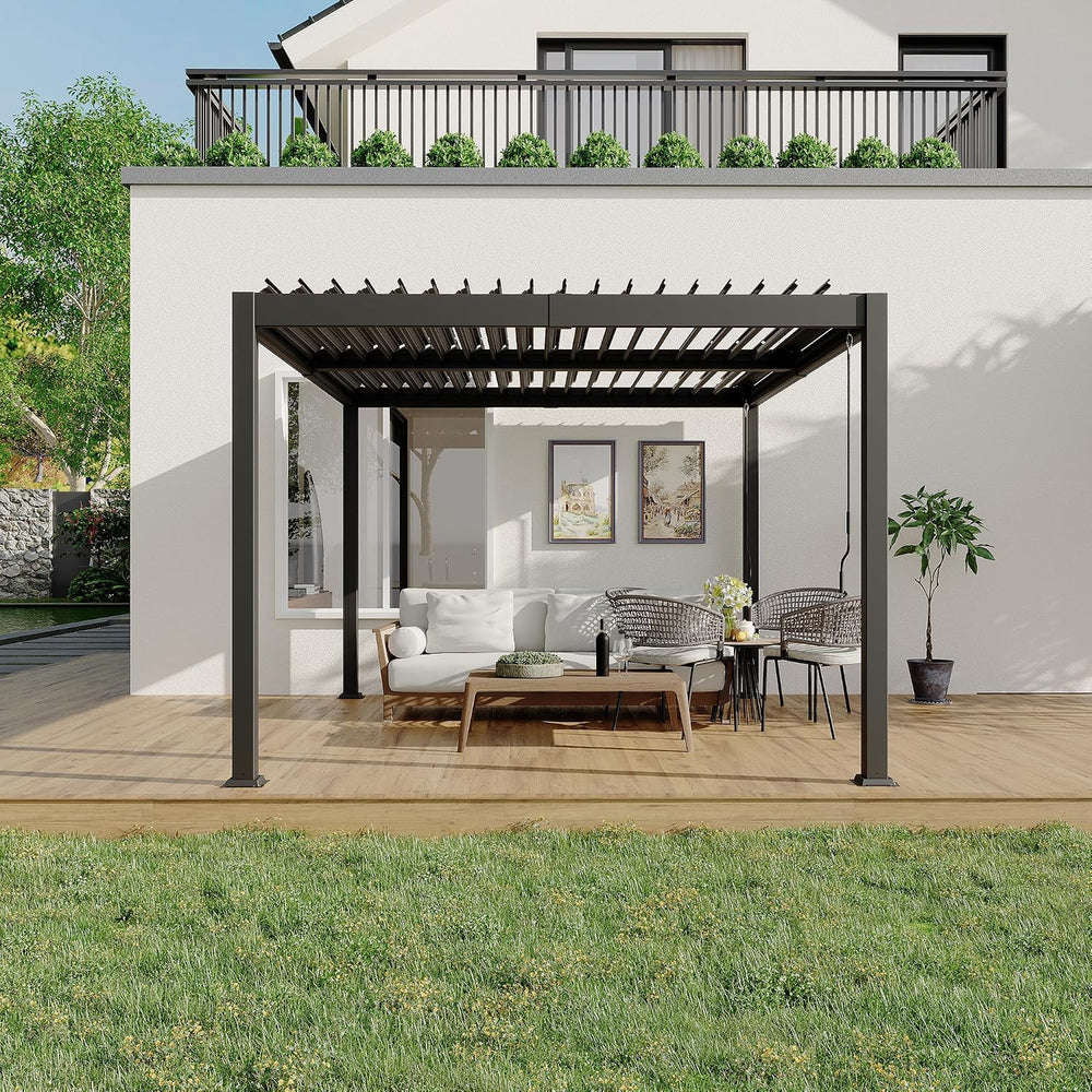 10x12 FT Louvered Pergola, Outdoor Pergola With Adjustable Louvered Roof, Lar...