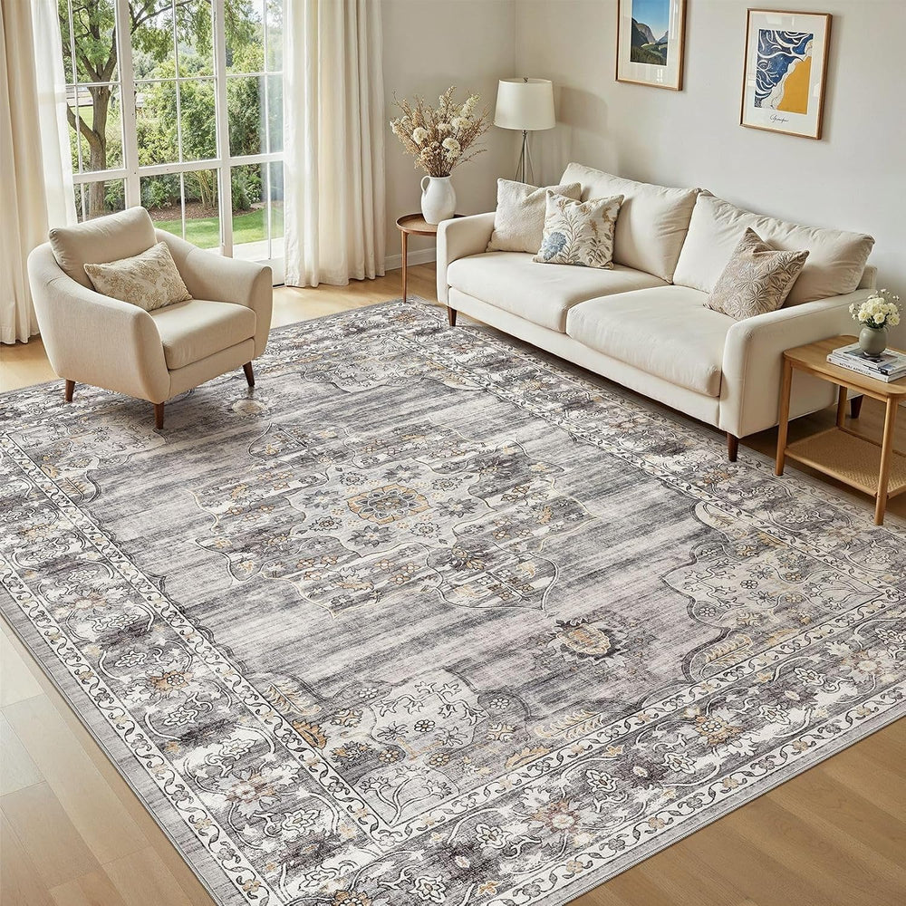 Vintage Washable 7x9 Area Rug, Non-Slip Indoor Carpet, Grey