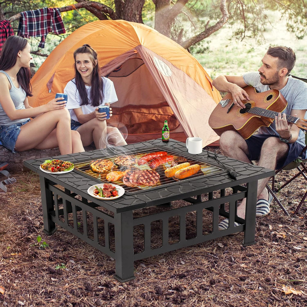 32 Inch Outdoor Fire Pit with Spark Screen Lid and Waterproof Cover, Square M...
