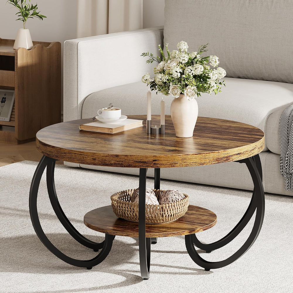 GarveeHome Round Coffee Table 30 in Center Table, 2-Tier Coffee Table Industr...