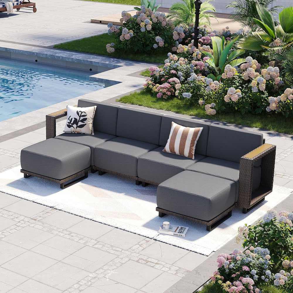 Aoxun Patio Furniture Set, 6 Piece Outdoor Sofa Set, Brown/Dark Gray
