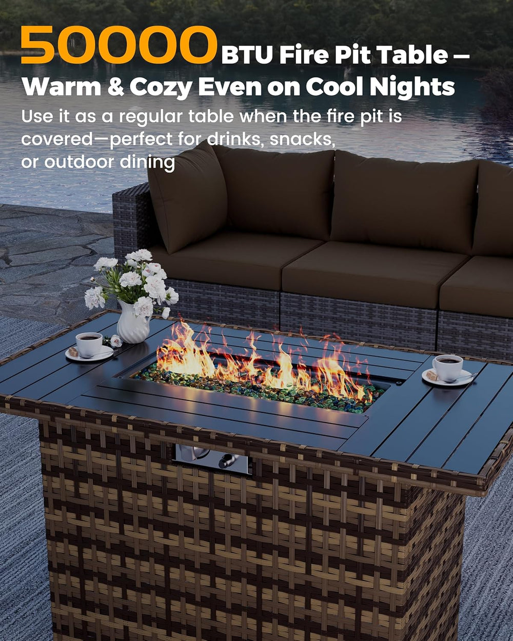 UDPATIO Outdoor Furniture 8-Piece Wicker Patio Set with 44" Fire Pit Table