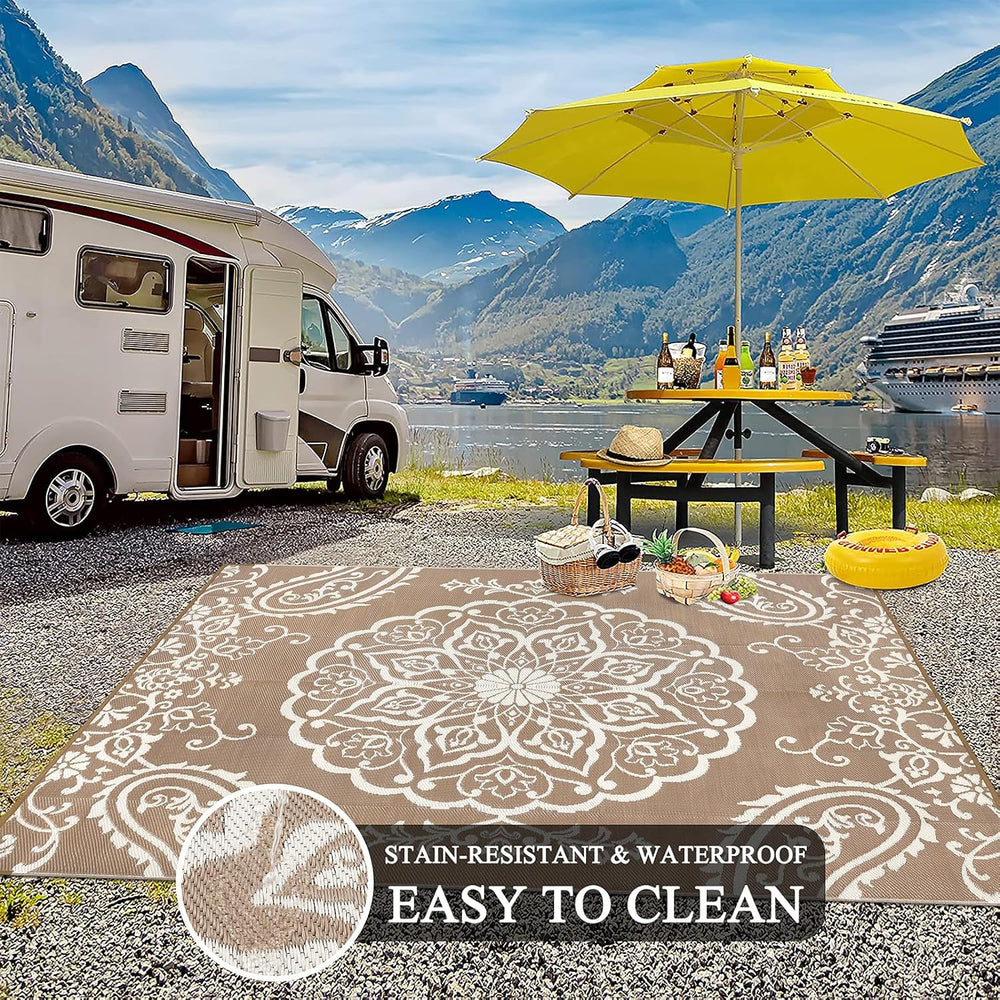 Pauwer Outdoor Rug 8x10, Waterproof Plastic Straw Camping Rug, Boho Brown