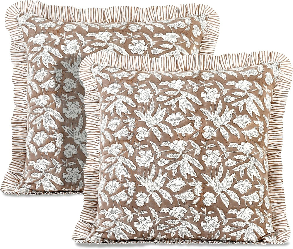 Ridhi Oak Brown Floral Block Print Throw Pillow Covers 16 x 16 Inch (Set of 2)