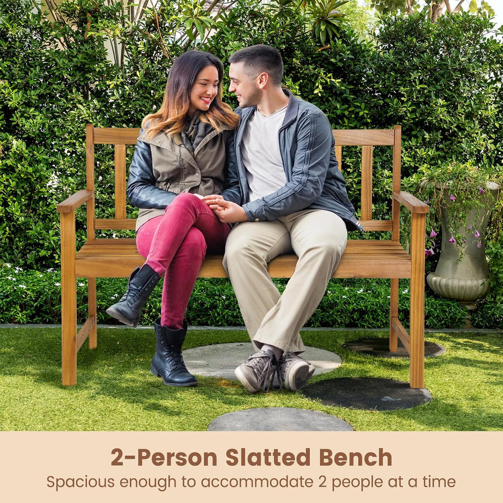 HAPPYGRILL Patio Wood Bench with Ergonomic Backrest & Armrests, 2-Person ...